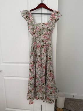 En Saison Sage Midi Dress with Pink Floral Ruffles